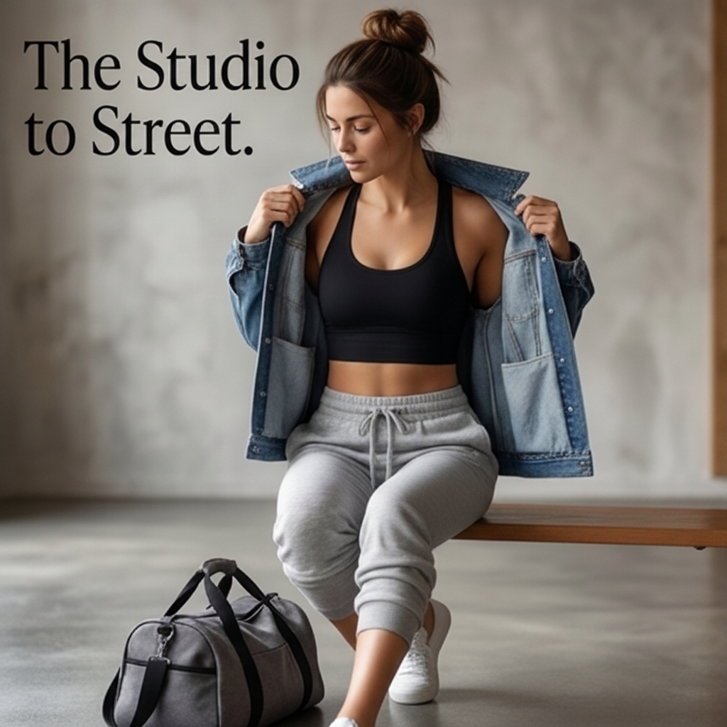 Four lifestyle images of a woman in casual wear with text describing different aspects of her outfit and activities.